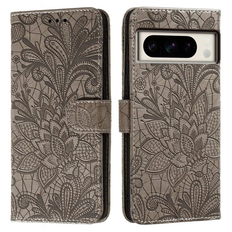 For Google Pixel 8 Pro Case Lace Flowers PU Leather Flip Wallet Phone Cover - Grey