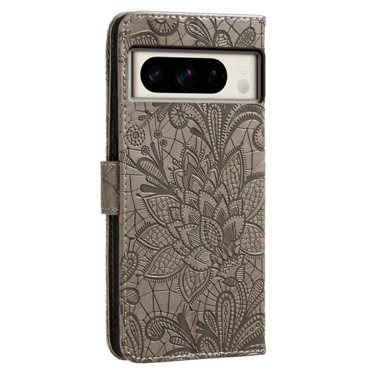 For Google Pixel 8 Pro Case Lace Flowers PU Leather Flip Wallet Phone Cover - Grey