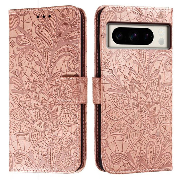 For Google Pixel 8 Pro Case Lace Flowers PU Leather Flip Wallet Phone Cover - Rose Gold