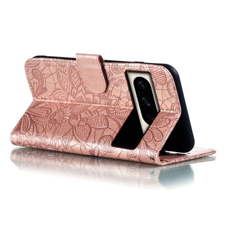 For Google Pixel 8 Pro Case Lace Flowers PU Leather Flip Wallet Phone Cover - Rose Gold