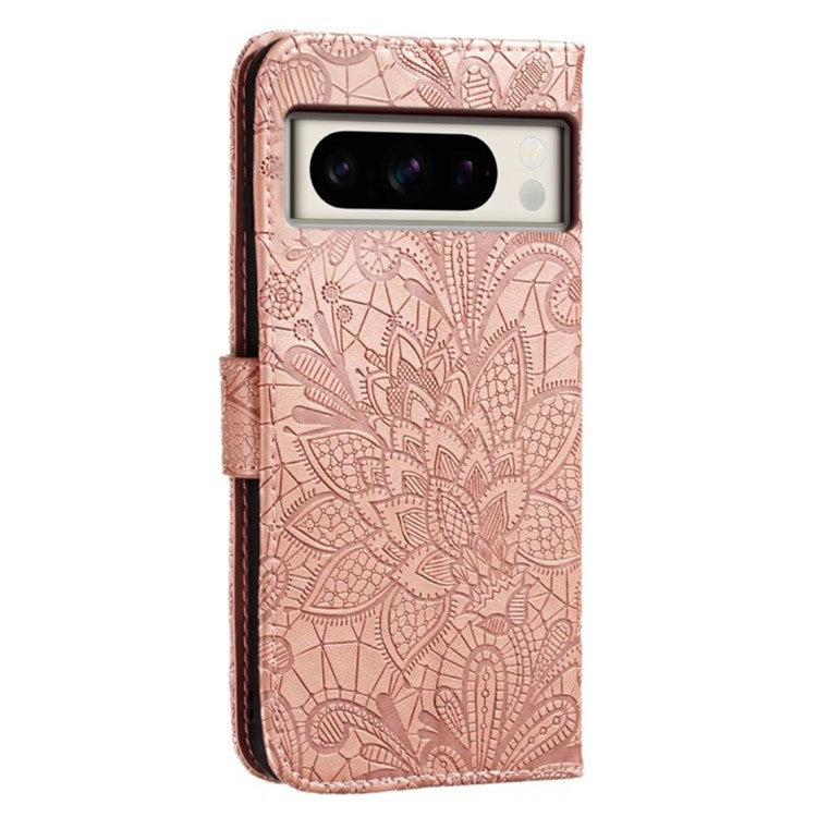 For Google Pixel 8 Pro Case Lace Flowers PU Leather Flip Wallet Phone Cover - Rose Gold