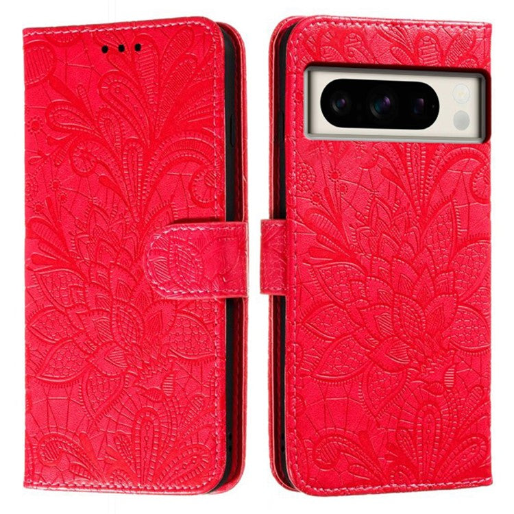 For Google Pixel 8 Pro Case Lace Flowers PU Leather Flip Wallet Phone Cover - Red