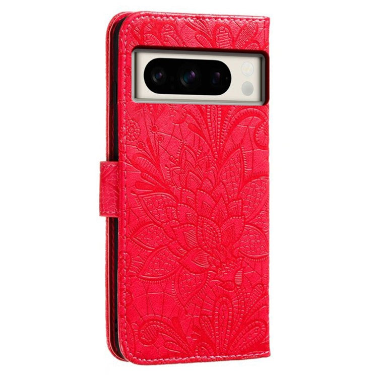 For Google Pixel 8 Pro Case Lace Flowers PU Leather Flip Wallet Phone Cover - Red