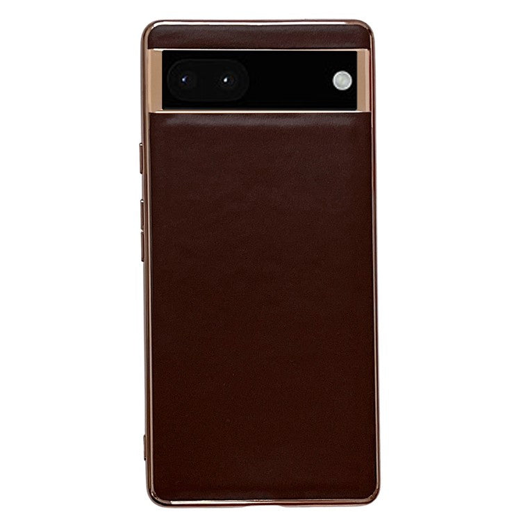 For Google Pixel 7 5G Phone Cover Electroplating Genuine Leather Coated TPU+PC Phone Case - Coffee