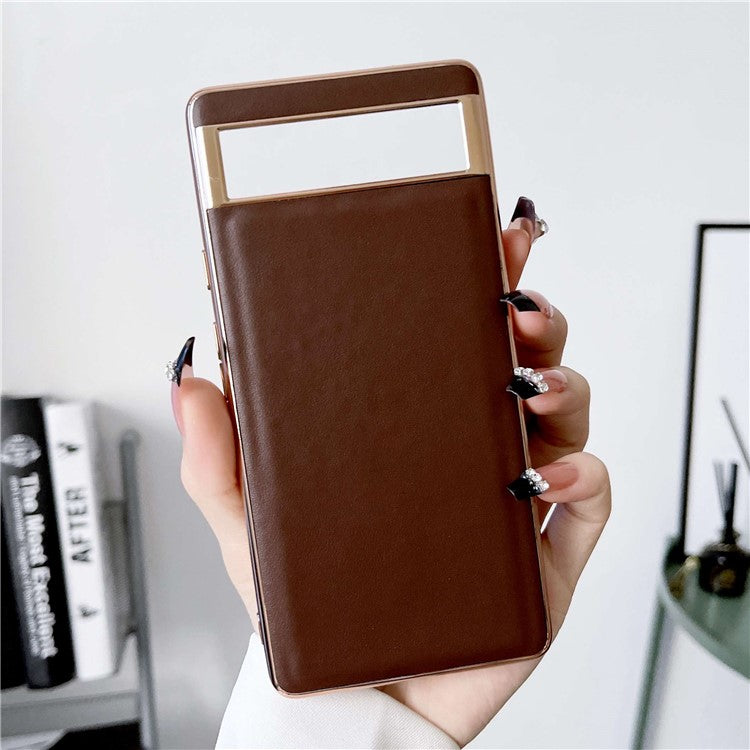 For Google Pixel 7 5G Phone Cover Electroplating Genuine Leather Coated TPU+PC Phone Case - Coffee