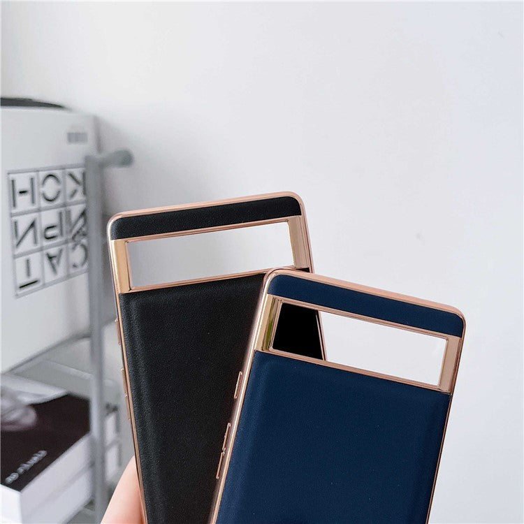 For Google Pixel 7 5G Phone Cover Electroplating Genuine Leather Coated TPU+PC Phone Case - Coffee