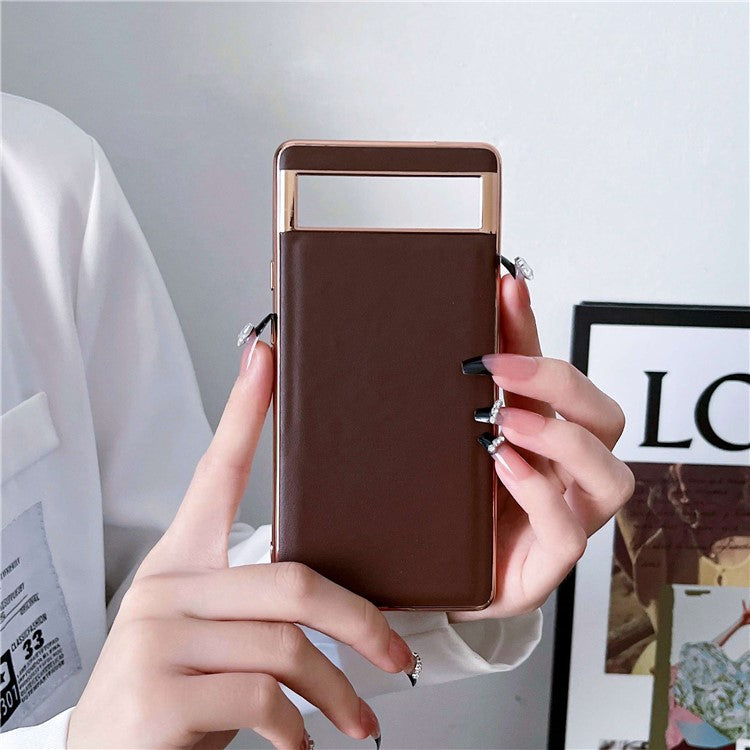 For Google Pixel 7 5G Phone Cover Electroplating Genuine Leather Coated TPU+PC Phone Case - Coffee