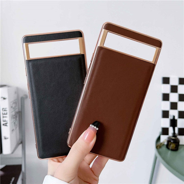 For Google Pixel 7 5G Phone Cover Electroplating Genuine Leather Coated TPU+PC Phone Case - Coffee