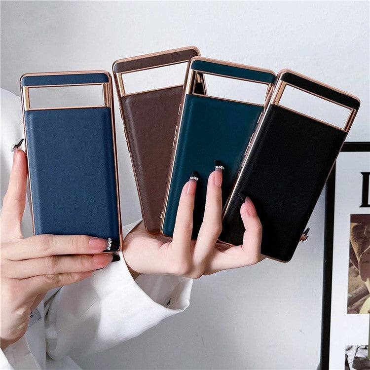 For Google Pixel 7 5G Phone Cover Electroplating Genuine Leather Coated TPU+PC Phone Case - Coffee