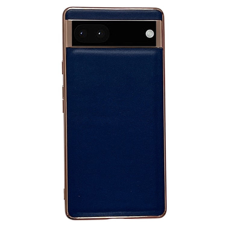 For Google Pixel 7 5G Phone Cover Electroplating Genuine Leather Coated TPU+PC Phone Case - Blue