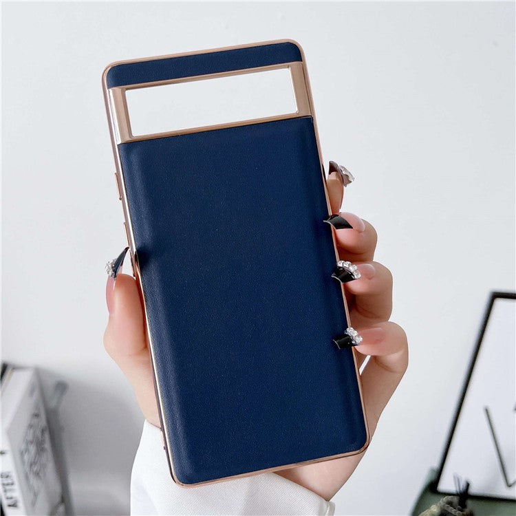 For Google Pixel 7 5G Phone Cover Electroplating Genuine Leather Coated TPU+PC Phone Case - Blue