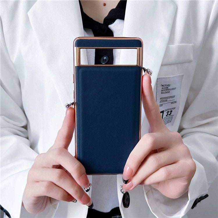 For Google Pixel 7 5G Phone Cover Electroplating Genuine Leather Coated TPU+PC Phone Case - Blue