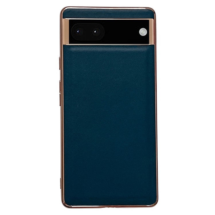 For Google Pixel 7 5G Phone Cover Electroplating Genuine Leather Coated TPU+PC Phone Case - Blackish Green