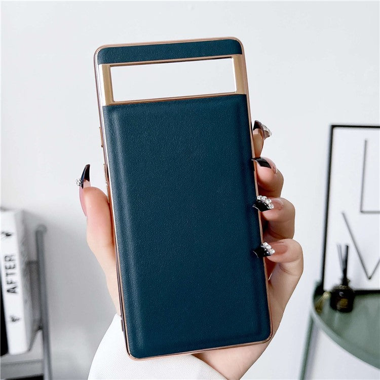 For Google Pixel 7 5G Phone Cover Electroplating Genuine Leather Coated TPU+PC Phone Case - Blackish Green