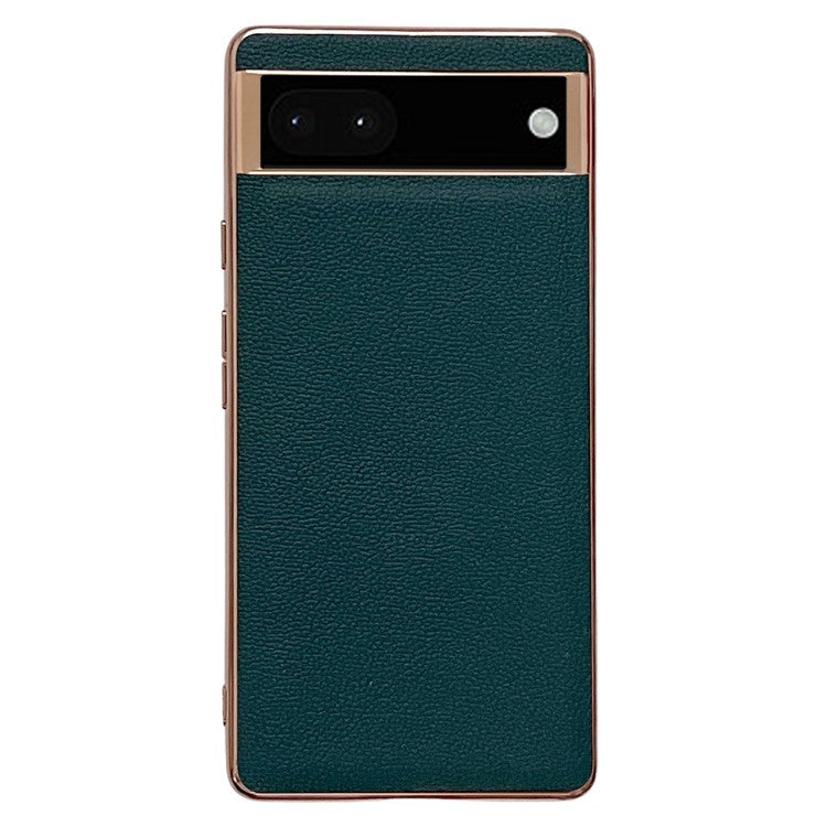 For Google Pixel 7 5G Genuine Leather Electroplated Edge Coating Case Soft TPU Hard PC Hybrid Protective Cover - Midnight Green