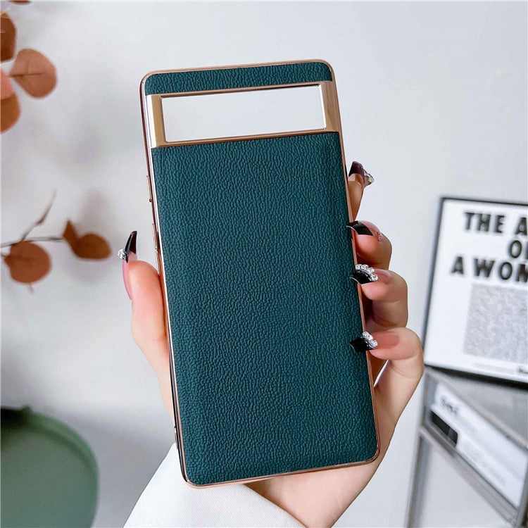 For Google Pixel 7 5G Genuine Leather Electroplated Edge Coating Case Soft TPU Hard PC Hybrid Protective Cover - Midnight Green