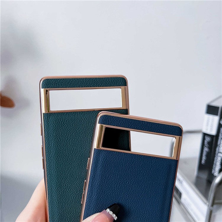 For Google Pixel 7 5G Genuine Leather Electroplated Edge Coating Case Soft TPU Hard PC Hybrid Protective Cover - Midnight Green