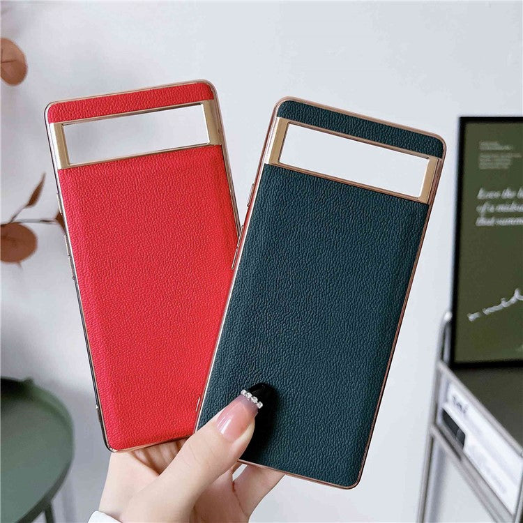 For Google Pixel 7 5G Genuine Leather Electroplated Edge Coating Case Soft TPU Hard PC Hybrid Protective Cover - Midnight Green