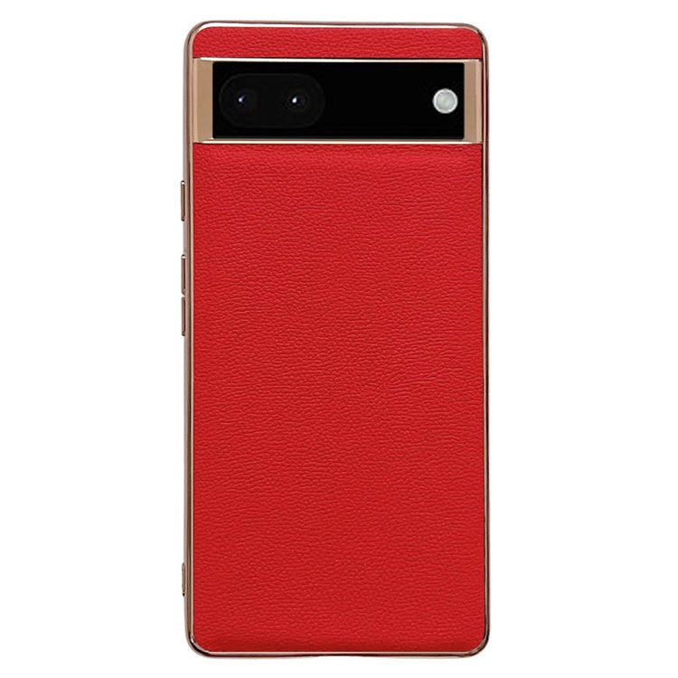 For Google Pixel 7 5G Genuine Leather Electroplated Edge Coating Case Soft TPU Hard PC Hybrid Protective Cover - Red