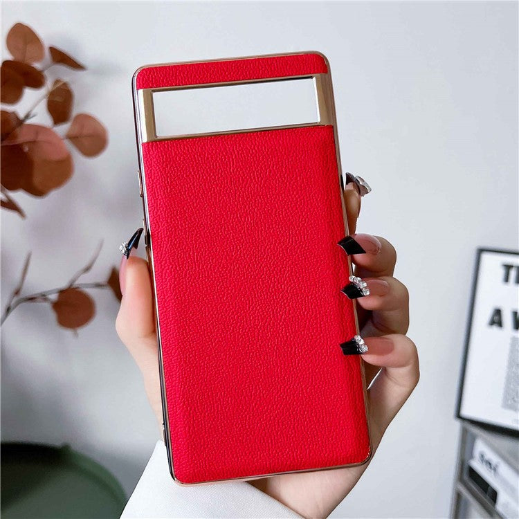 For Google Pixel 7 5G Genuine Leather Electroplated Edge Coating Case Soft TPU Hard PC Hybrid Protective Cover - Red