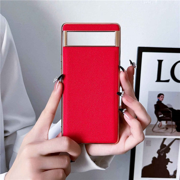 For Google Pixel 7 5G Genuine Leather Electroplated Edge Coating Case Soft TPU Hard PC Hybrid Protective Cover - Red