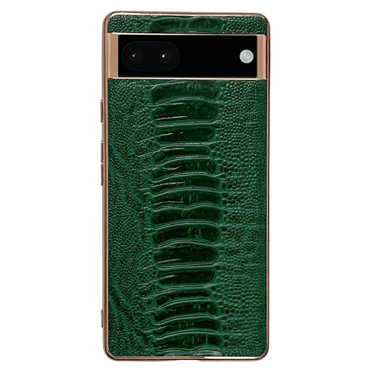 For Google Pixel 7 5G Shockproof Protective Case Electroplating Phone Cover Crocodile Texture Genuine Leather Coated TPU+PC Case - Green