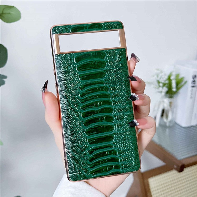 For Google Pixel 7 5G Shockproof Protective Case Electroplating Phone Cover Crocodile Texture Genuine Leather Coated TPU+PC Case - Green