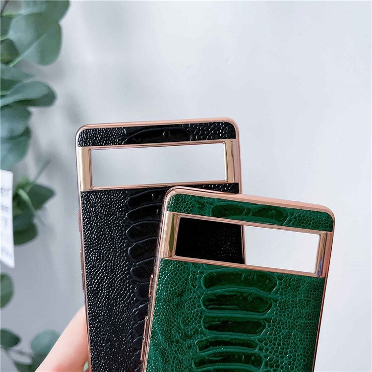 For Google Pixel 7 5G Shockproof Protective Case Electroplating Phone Cover Crocodile Texture Genuine Leather Coated TPU+PC Case - Green