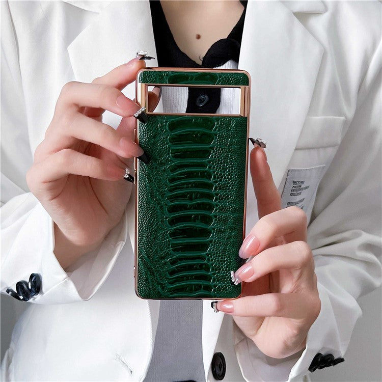 For Google Pixel 7 5G Shockproof Protective Case Electroplating Phone Cover Crocodile Texture Genuine Leather Coated TPU+PC Case - Green