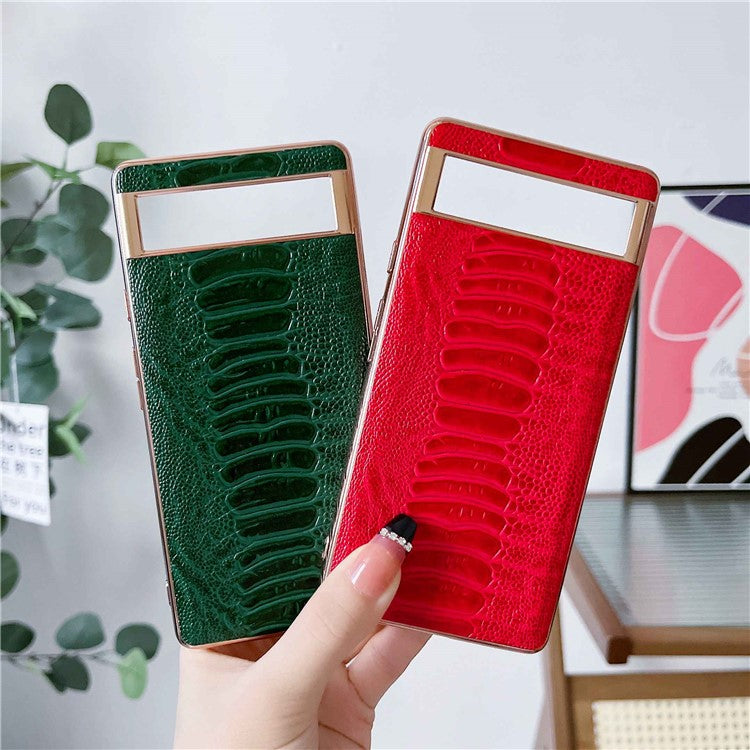 For Google Pixel 7 5G Shockproof Protective Case Electroplating Phone Cover Crocodile Texture Genuine Leather Coated TPU+PC Case - Green