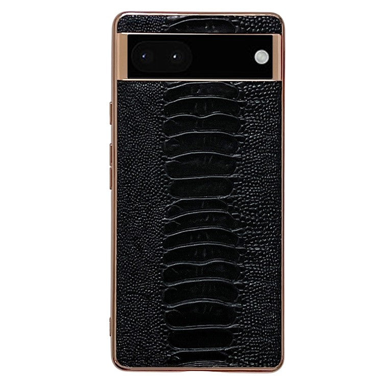 For Google Pixel 7 5G Shockproof Protective Case Electroplating Phone Cover Crocodile Texture Genuine Leather Coated TPU+PC Case - Black