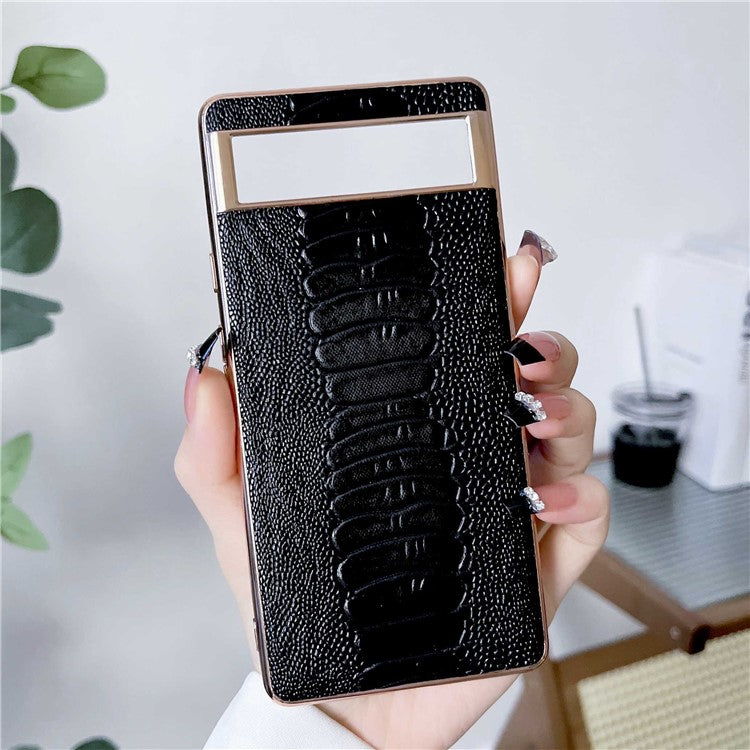 For Google Pixel 7 5G Shockproof Protective Case Electroplating Phone Cover Crocodile Texture Genuine Leather Coated TPU+PC Case - Black