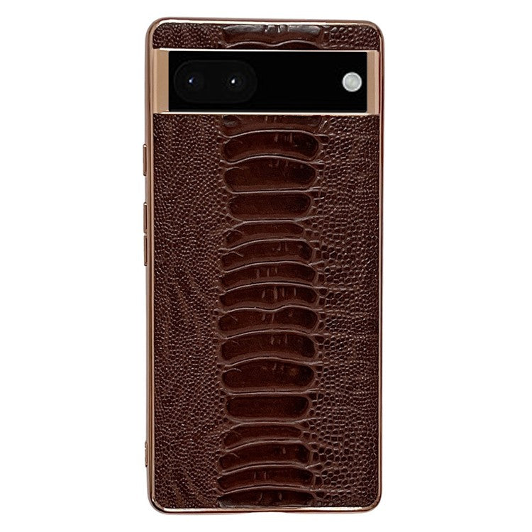 For Google Pixel 7 5G Shockproof Protective Case Electroplating Phone Cover Crocodile Texture Genuine Leather Coated TPU+PC Case - Coffee