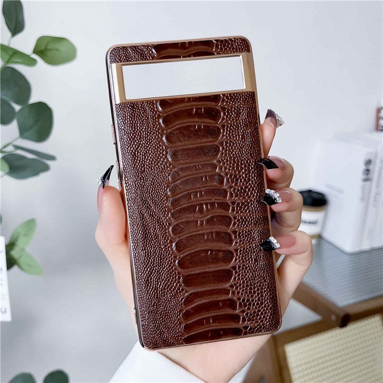 For Google Pixel 7 5G Shockproof Protective Case Electroplating Phone Cover Crocodile Texture Genuine Leather Coated TPU+PC Case - Coffee