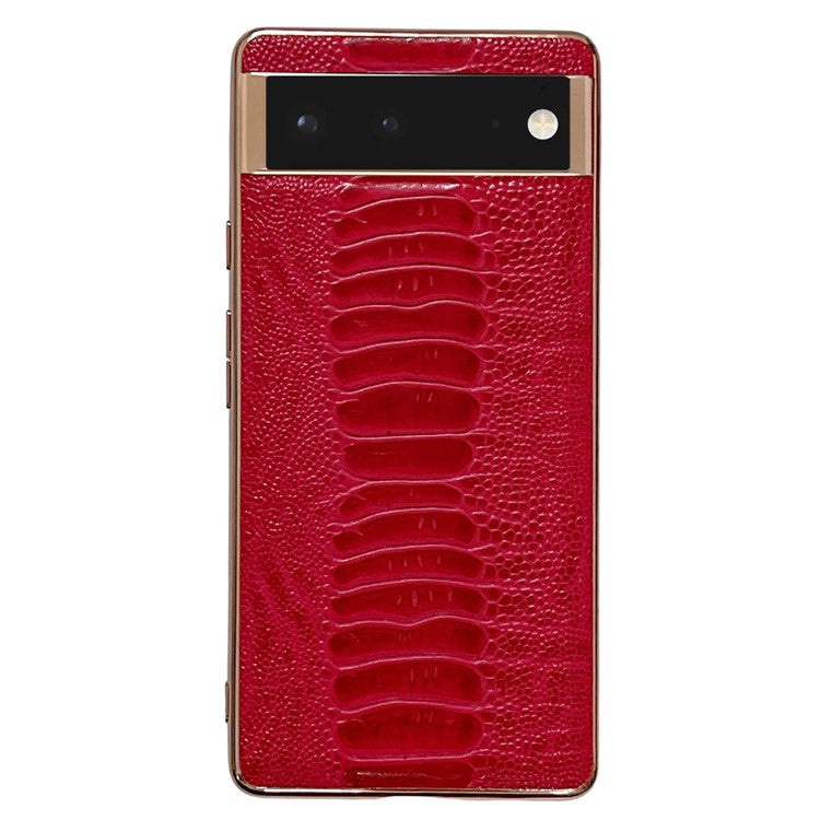 For Google Pixel 6 Electroplating Design Phone Case Crocodile Texture Genuine Leather Coated TPU+PC Shockproof Protective Cover - Red