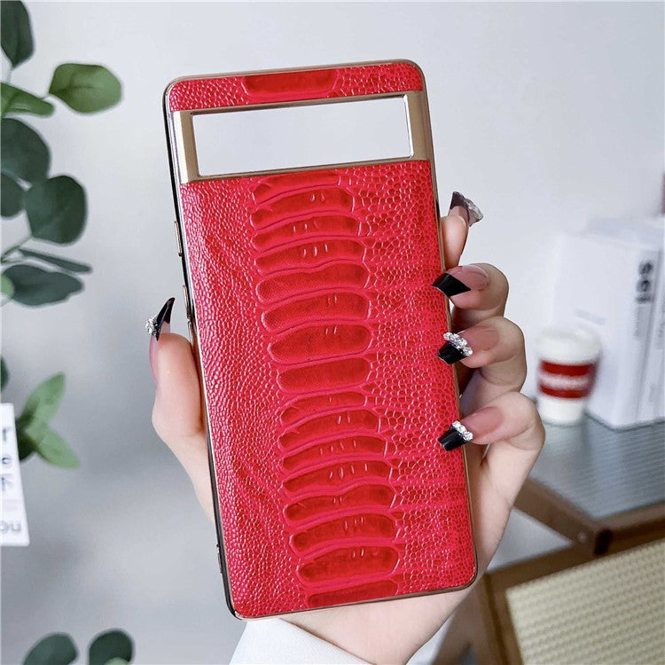 For Google Pixel 6 Electroplating Design Phone Case Crocodile Texture Genuine Leather Coated TPU+PC Shockproof Protective Cover - Red