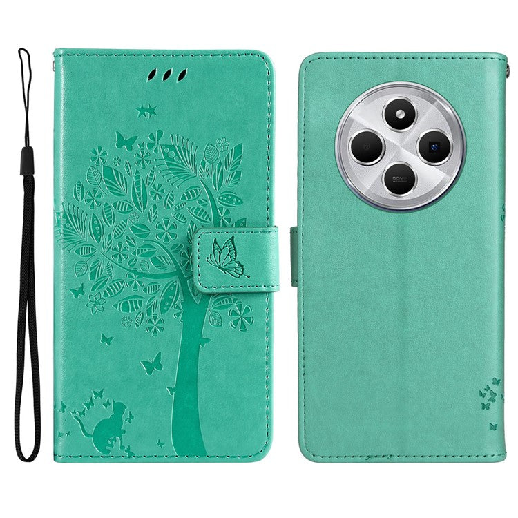 KT Imprinting Flower Series-3 For Xiaomi Poco C75 4G / Redmi 14R 5G / 14C 4G Case Cat Tree Pattern Flip Leather Phone Cover - Green