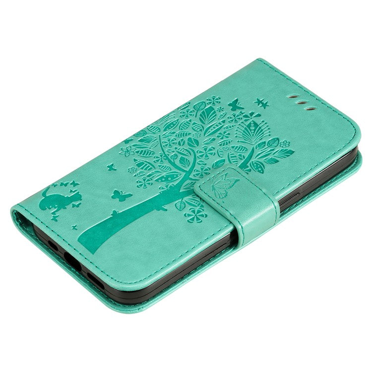 KT Imprinting Flower Series-3 For Xiaomi Poco C75 4G / Redmi 14R 5G / 14C 4G Case Cat Tree Pattern Flip Leather Phone Cover - Green