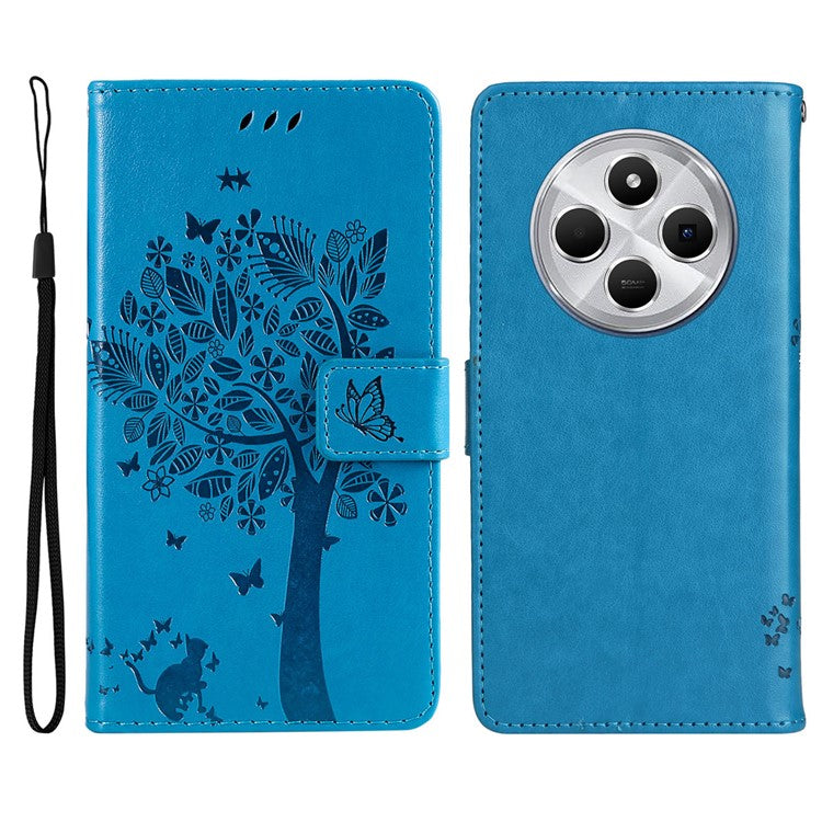 KT Imprinting Flower Series-3 For Xiaomi Poco C75 4G / Redmi 14R 5G / 14C 4G Case Cat Tree Pattern Flip Leather Phone Cover - Blue