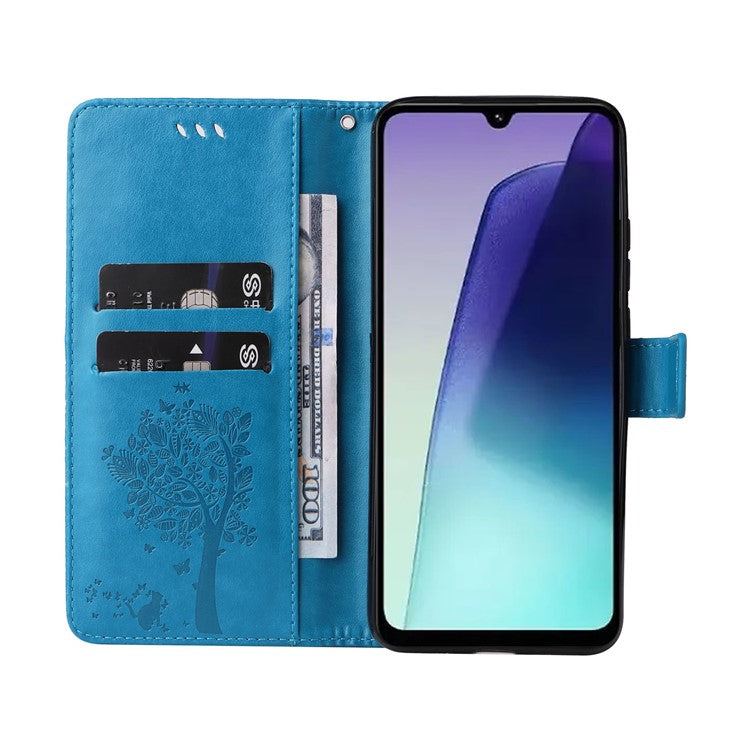 KT Imprinting Flower Series-3 For Xiaomi Poco C75 4G / Redmi 14R 5G / 14C 4G Case Cat Tree Pattern Flip Leather Phone Cover - Blue