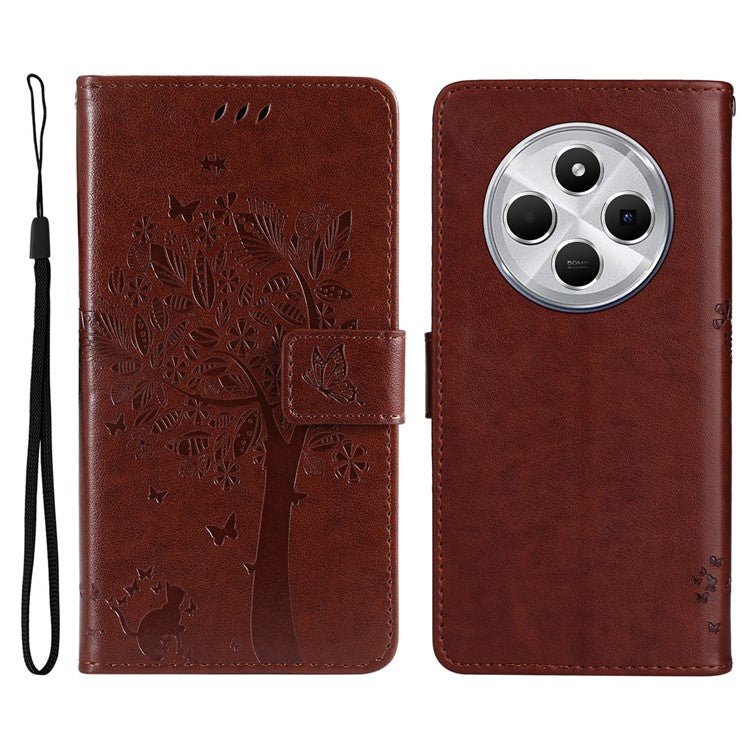 KT Imprinting Flower Series-3 For Xiaomi Poco C75 4G / Redmi 14R 5G / 14C 4G Case Cat Tree Pattern Flip Leather Phone Cover - Coffee