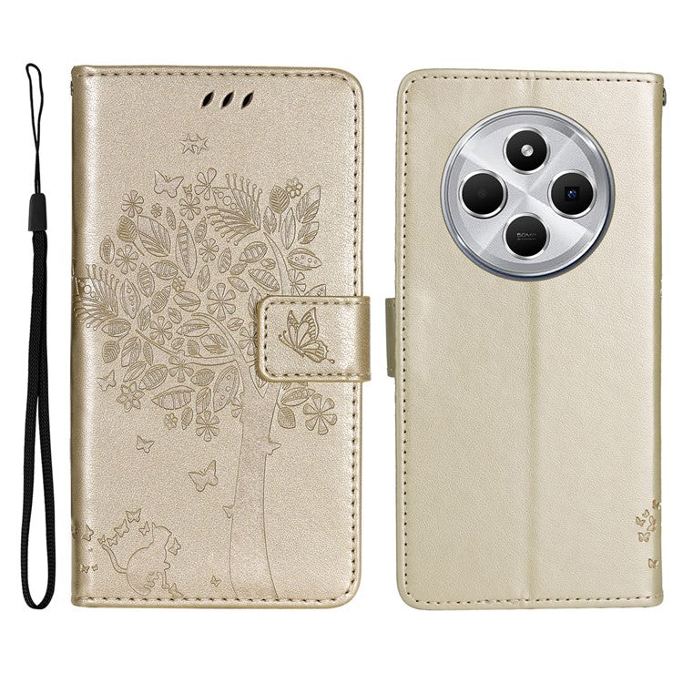 KT Imprinting Flower Series-3 For Xiaomi Poco C75 4G / Redmi 14R 5G / 14C 4G Case Cat Tree Pattern Flip Leather Phone Cover - Gold