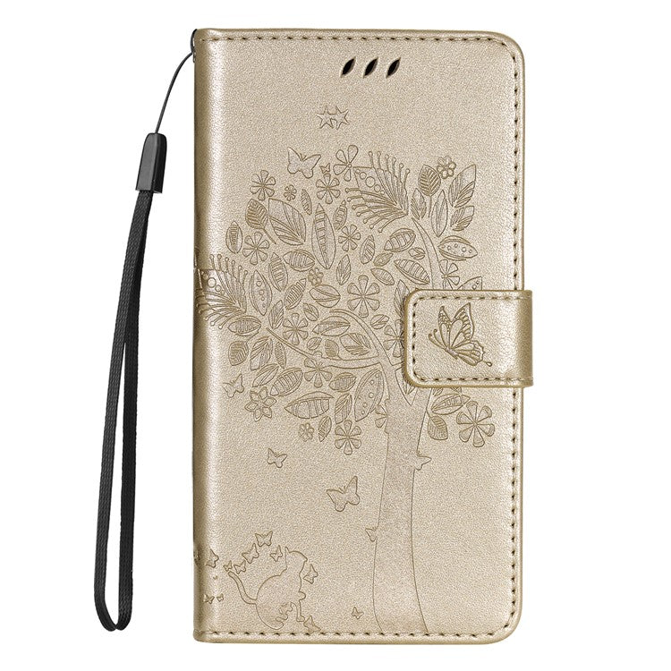 KT Imprinting Flower Series-3 For Xiaomi Poco C75 4G / Redmi 14R 5G / 14C 4G Case Cat Tree Pattern Flip Leather Phone Cover - Gold