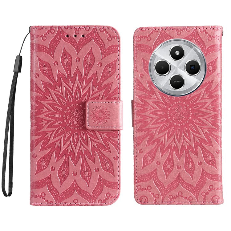 KT Imprinting Flower Series-1 For Xiaomi Poco C75 4G / Redmi 14R 5G / 14C 4G Case Sunflower Leather Wallet Phone Cover - Pink