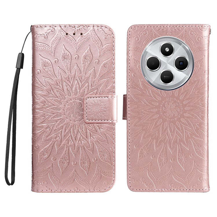 KT Imprinting Flower Series-1 For Xiaomi Poco C75 4G / Redmi 14R 5G / 14C 4G Case Sunflower Leather Wallet Phone Cover - Rose Gold