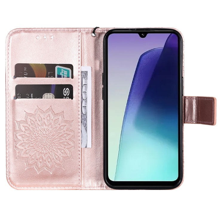 KT Imprinting Flower Series-1 For Xiaomi Poco C75 4G / Redmi 14R 5G / 14C 4G Case Sunflower Leather Wallet Phone Cover - Rose Gold