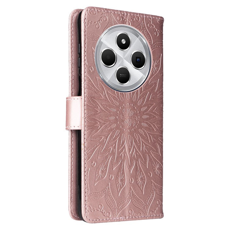 KT Imprinting Flower Series-1 For Xiaomi Poco C75 4G / Redmi 14R 5G / 14C 4G Case Sunflower Leather Wallet Phone Cover - Rose Gold