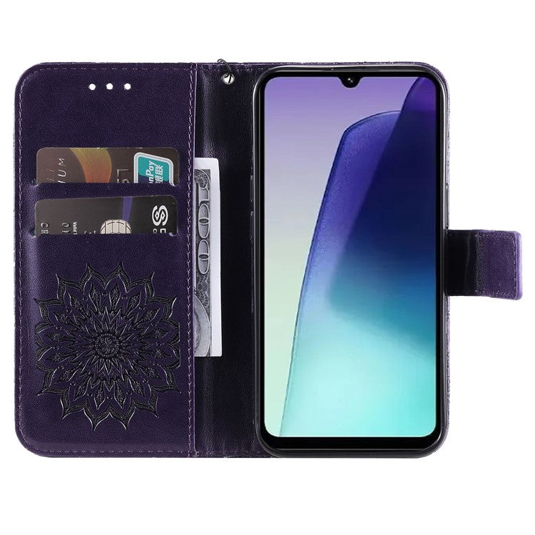 KT Imprinting Flower Series-1 For Xiaomi Poco C75 4G / Redmi 14R 5G / 14C 4G Case Sunflower Leather Wallet Phone Cover - Purple