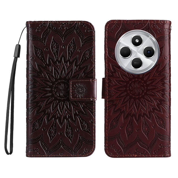 KT Imprinting Flower Series-1 For Xiaomi Poco C75 4G / Redmi 14R 5G / 14C 4G Case Sunflower Leather Wallet Phone Cover - Brown