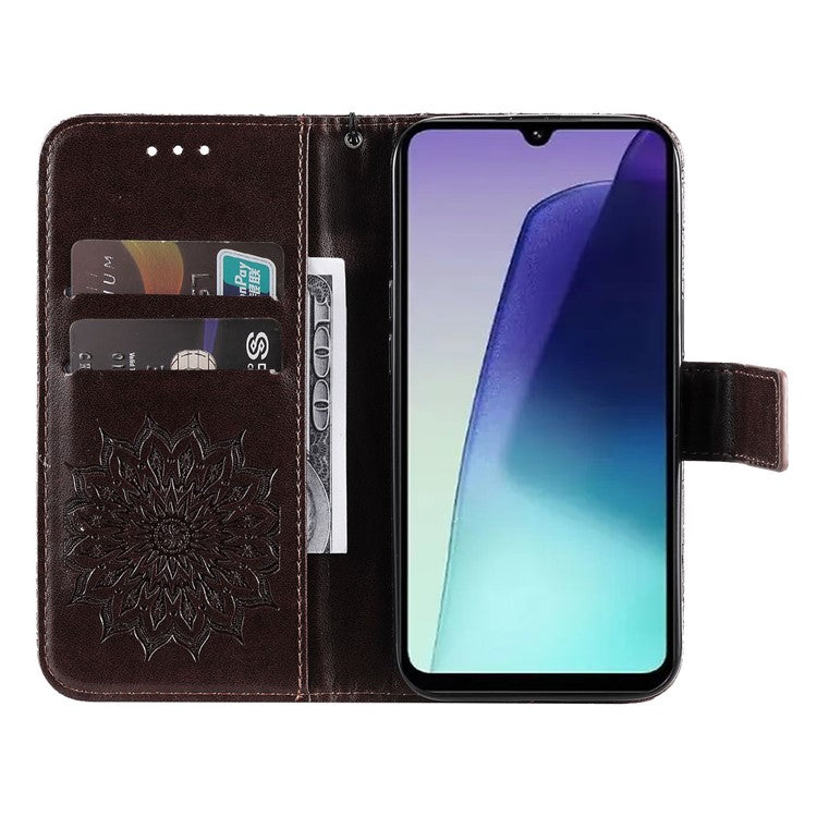 KT Imprinting Flower Series-1 For Xiaomi Poco C75 4G / Redmi 14R 5G / 14C 4G Case Sunflower Leather Wallet Phone Cover - Brown